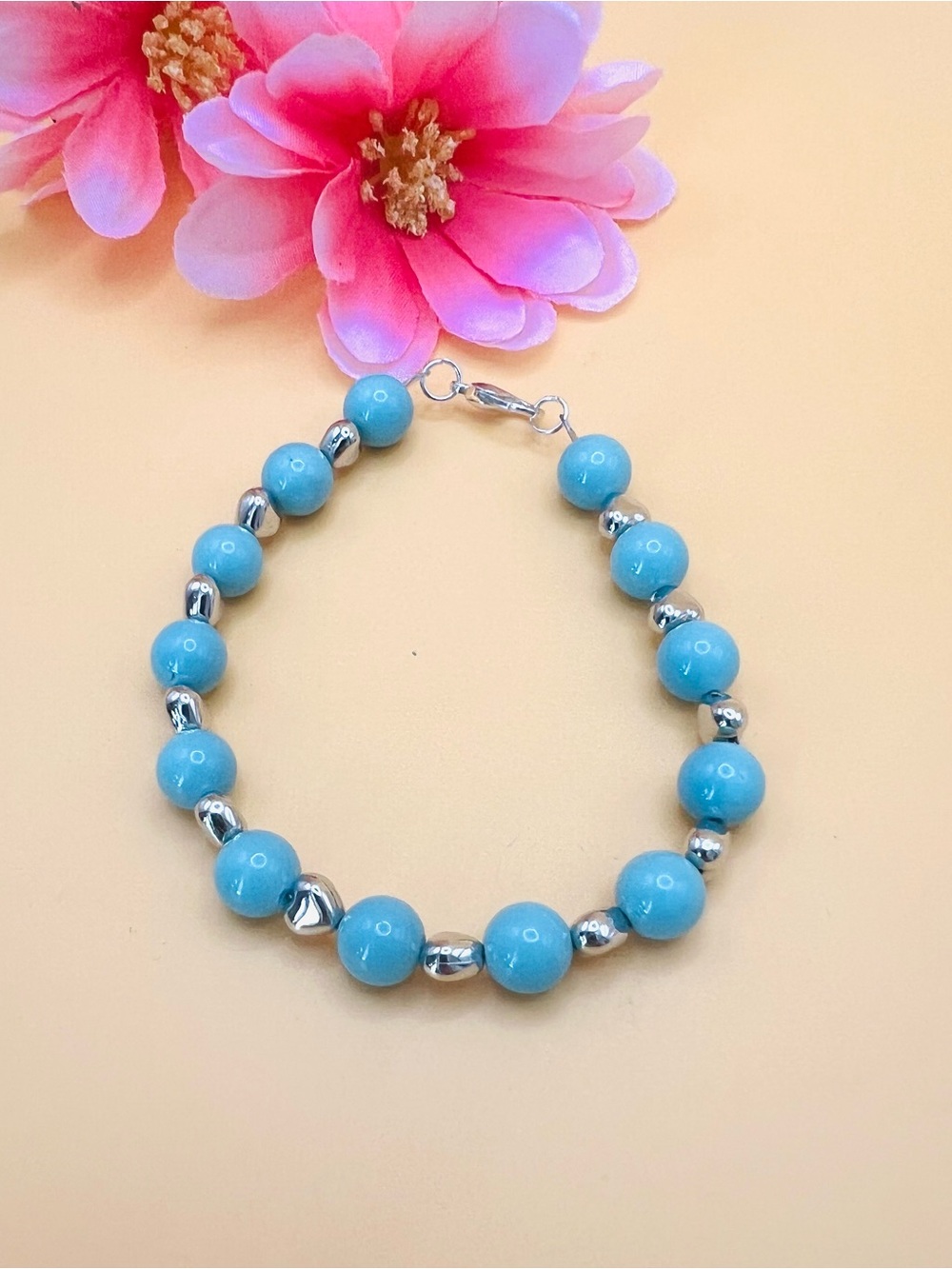 Turquoise Beaded Bracelet with Silver Accents - Women's Jewelry